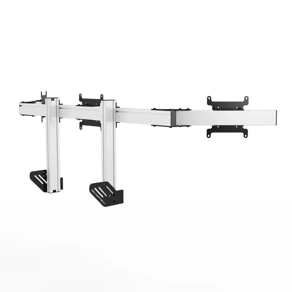 Right three-quarter view of the white SIMGASM Apex integrated triple monitor stand