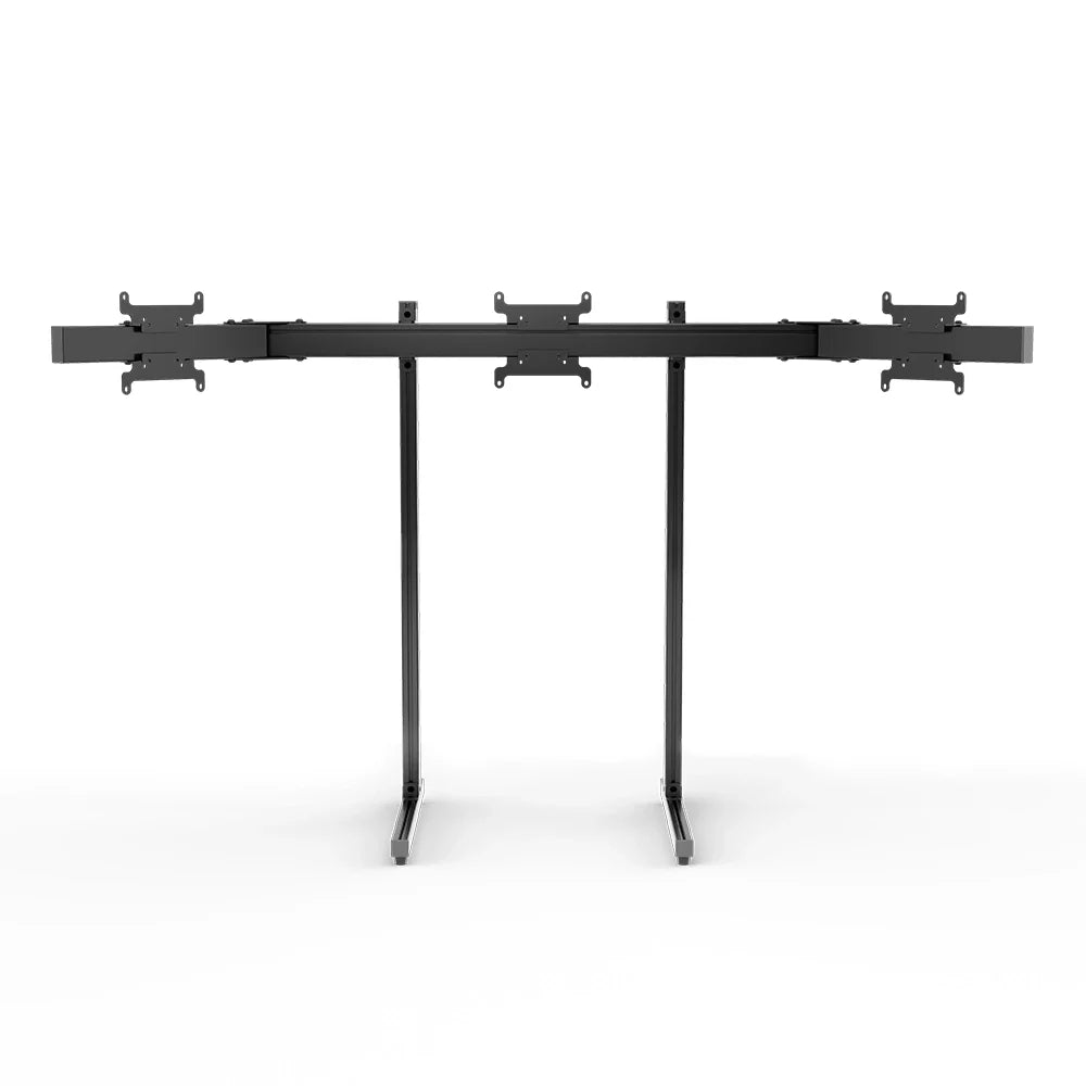 Front three-quarter view of the black SIMGASM Apex freestanding triple monitor stand