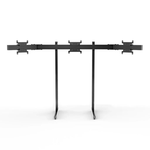 Front three-quarter view of the black SIMGASM Apex freestanding triple monitor stand