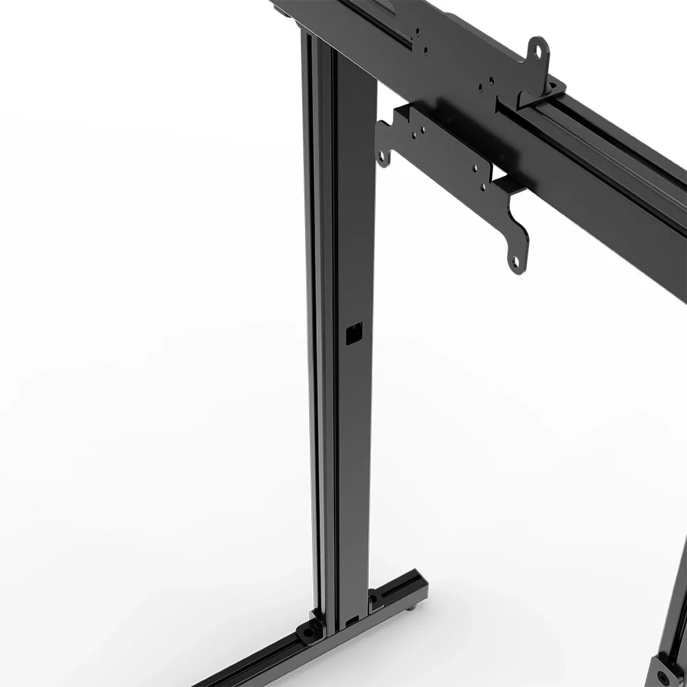 Close-up of the VESA mounts and adjustable support structure on the black SIMGASM Apex freestanding triple monitor stand