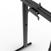 Close-up of the VESA mounts and adjustable support structure on the black SIMGASM Apex freestanding triple monitor stand