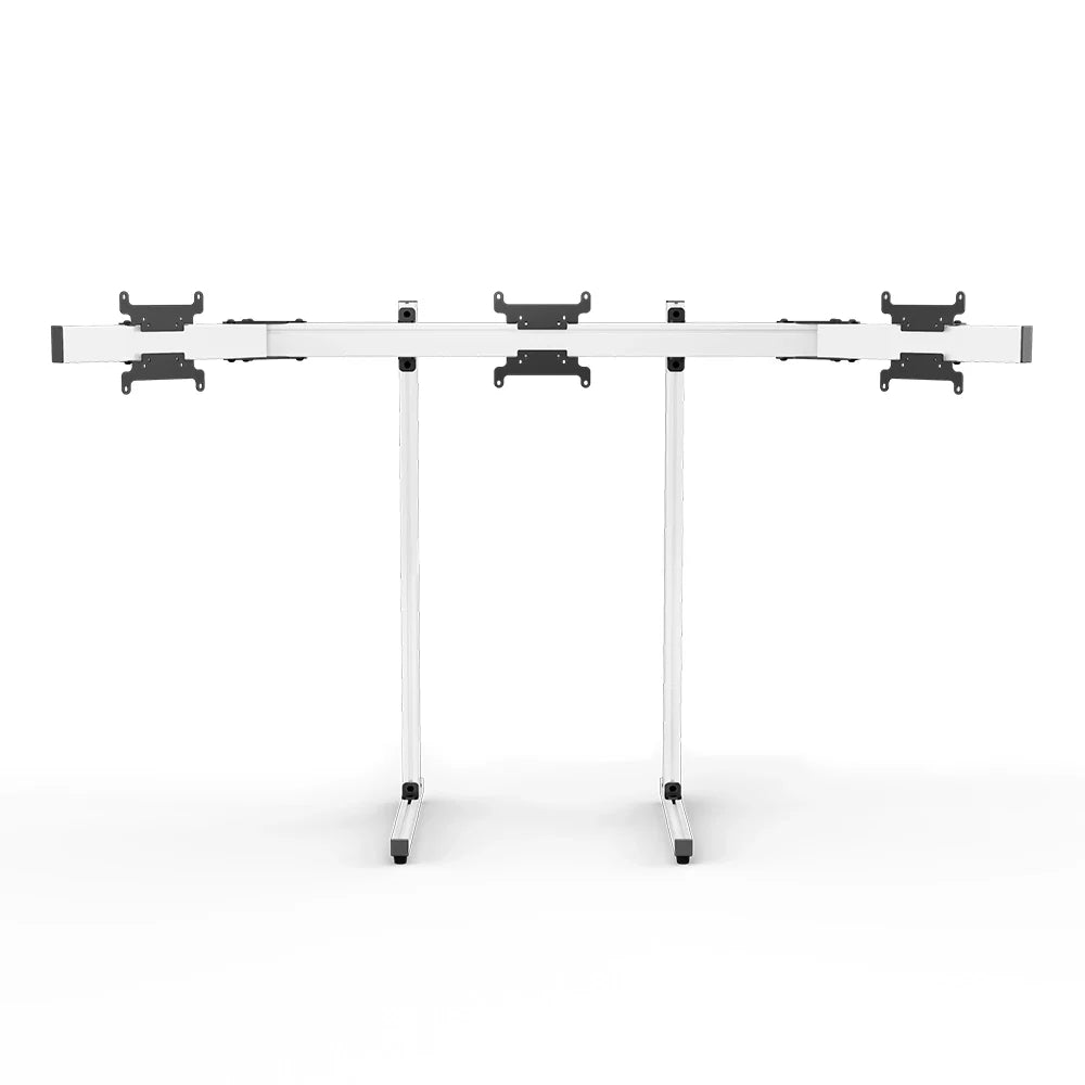 Left three-quarter view of the white SIMGASM Apex freestanding triple monitor stand