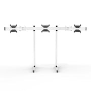 Left three-quarter view of the white SIMGASM Apex freestanding triple monitor stand