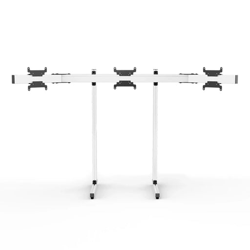 Left three-quarter view of the white SIMGASM Apex freestanding triple monitor stand