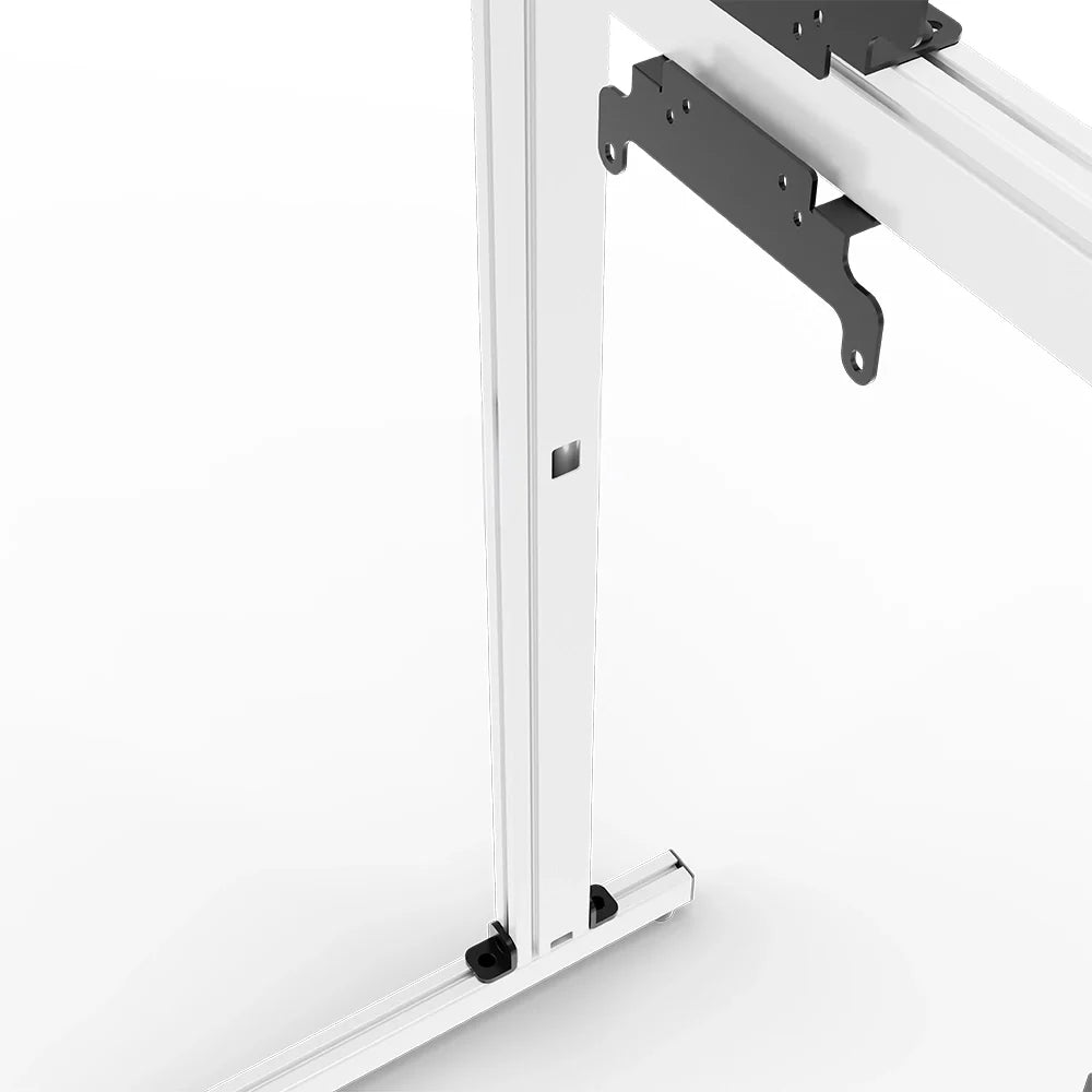 Close-up of the VESA mounts and height-adjustment clamp on the white SIMGASM Apex freestanding triple monitor stand