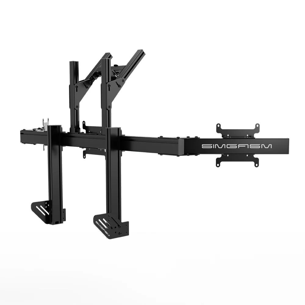 Rear three-quarter view of the black SIMGASM Apex integrated quad monitor stand