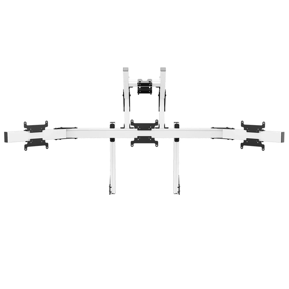 Left three-quarter view of the white SIMGASM Apex integrated quad monitor stand