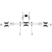 Left three-quarter view of the white SIMGASM Apex integrated quad monitor stand