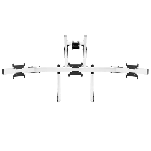 Left three-quarter view of the white SIMGASM Apex integrated quad monitor stand