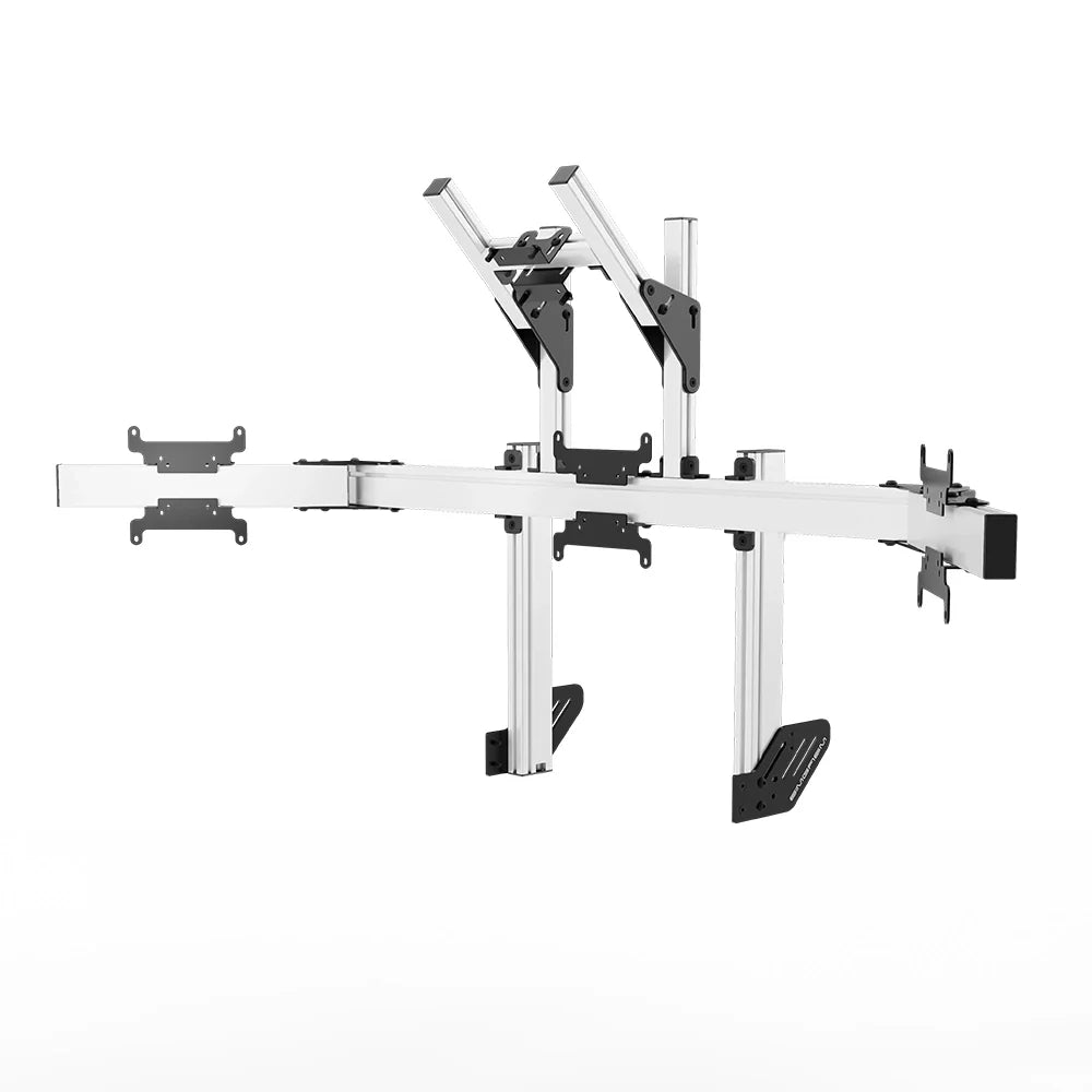 Straight-on view of the white SIMGASM Apex integrated quad monitor stand