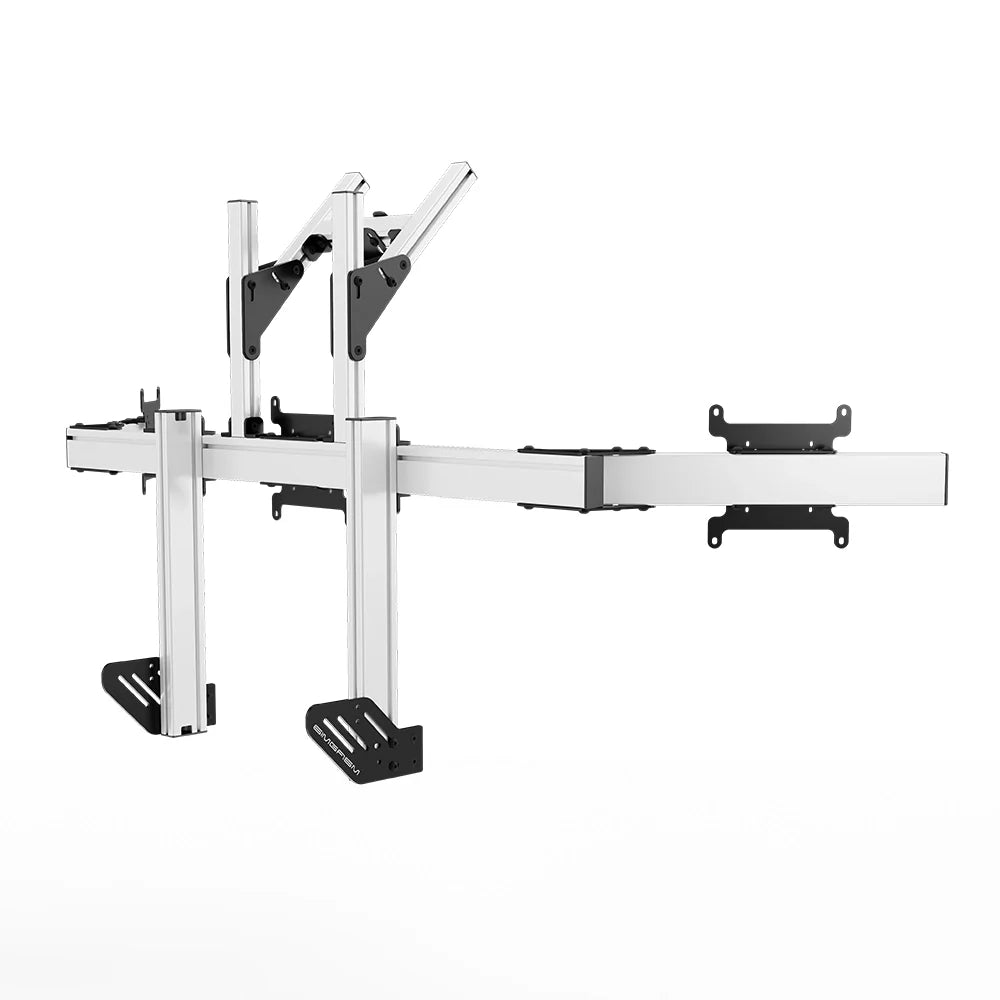Right three-quarter view of the white SIMGASM Apex integrated quad monitor stand