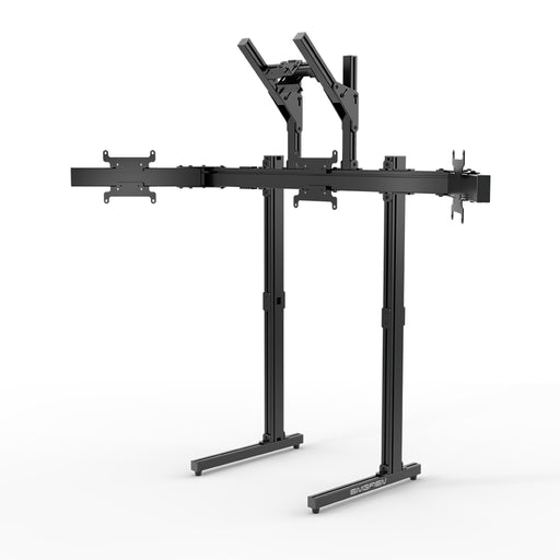 Front three-quarter view of the black SIMGASM Apex freestanding quad monitor stand with VESA mounts