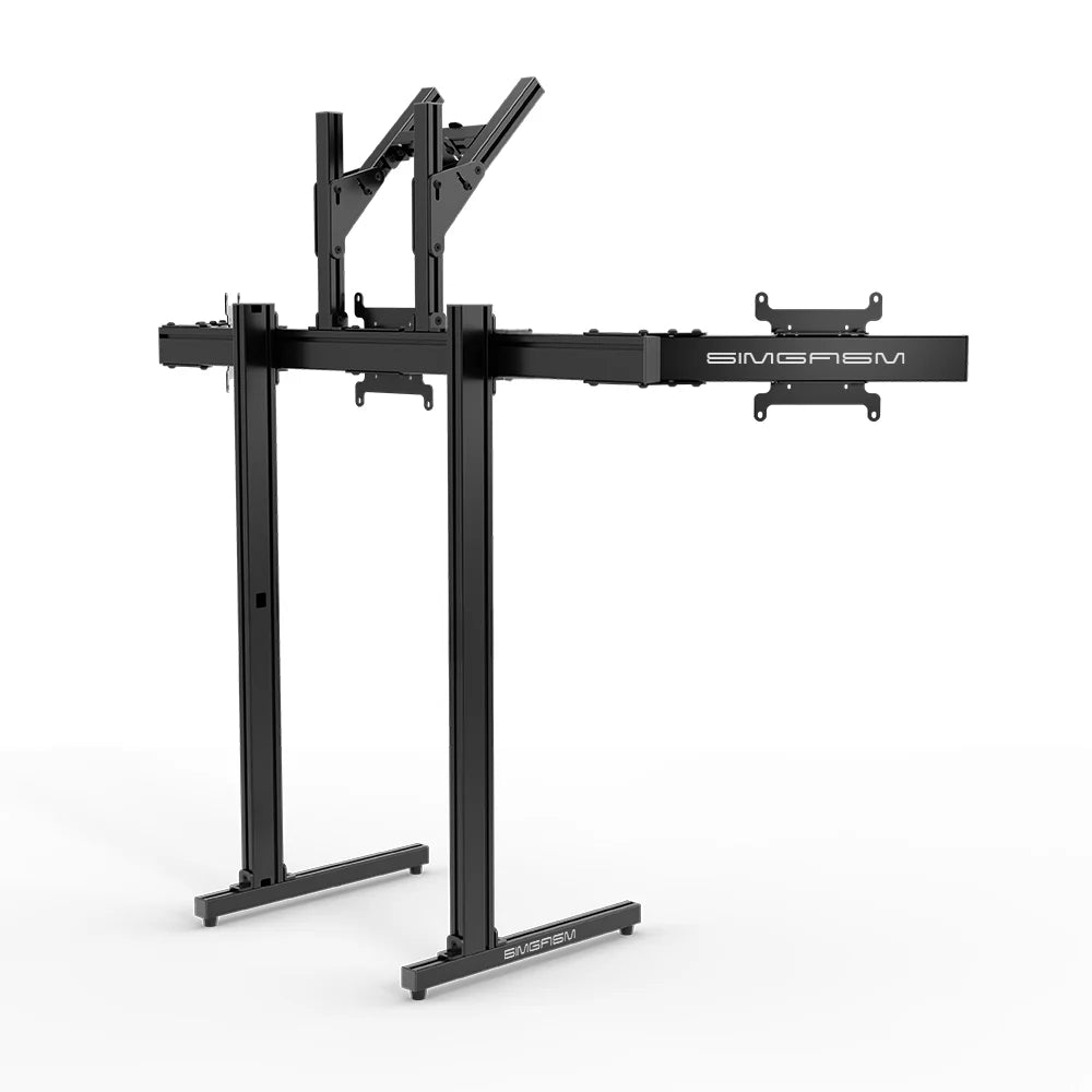 Rear three-quarter view of the black SIMGASM Apex freestanding quad monitor stand