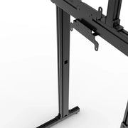 Close-up of the VESA mounts and adjustable support structure on the black SIMGASM Apex freestanding quad monitor stand