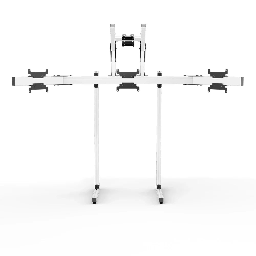 Left three-quarter view of the white SIMGASM Apex freestanding quad monitor stand