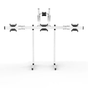Left three-quarter view of the white SIMGASM Apex freestanding quad monitor stand