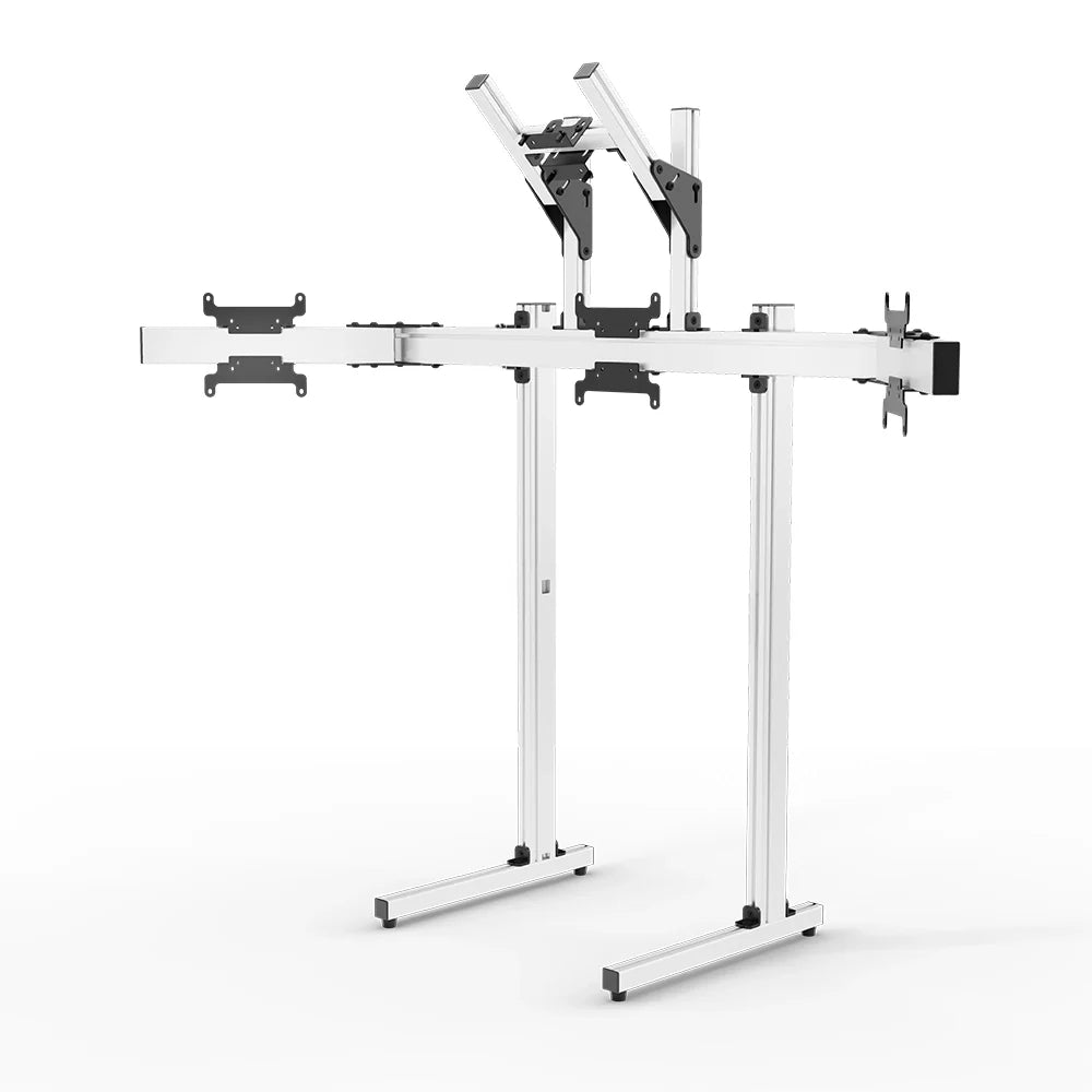 Straight-on view of the white SIMGASM Apex freestanding quad monitor stand