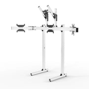 Straight-on view of the white SIMGASM Apex freestanding quad monitor stand