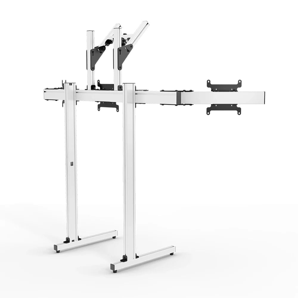 Right three-quarter view of the white SIMGASM Apex freestanding quad monitor stand