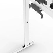 Close-up of the VESA mounts and height-adjustment clamp on the white SIMGASM Apex freestanding quad monitor stand