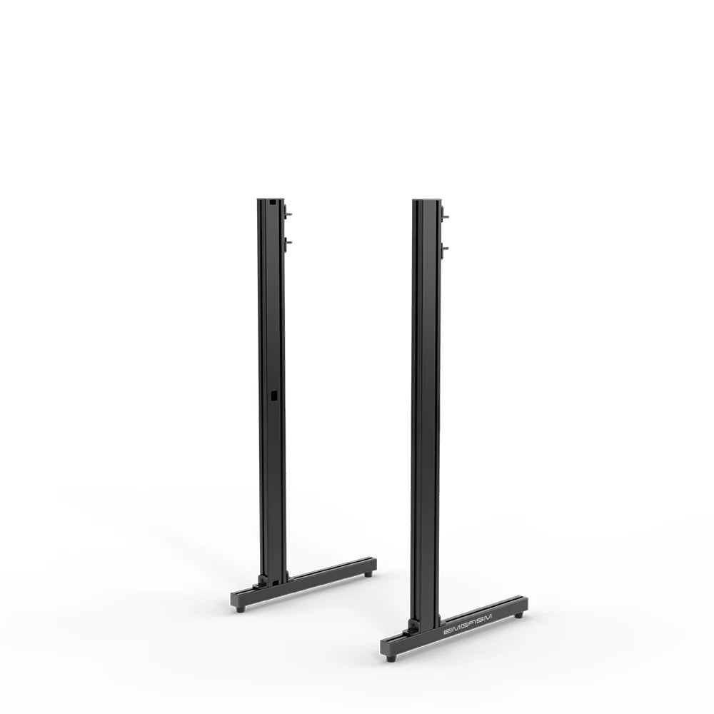 End-on view of the black SIMGASM Apex freestanding monitor stand support-leg set