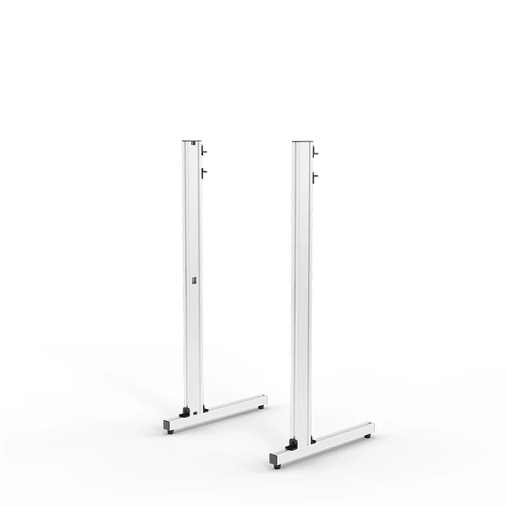 Straight-on view of the white SIMGASM Apex freestanding monitor stand support-leg set