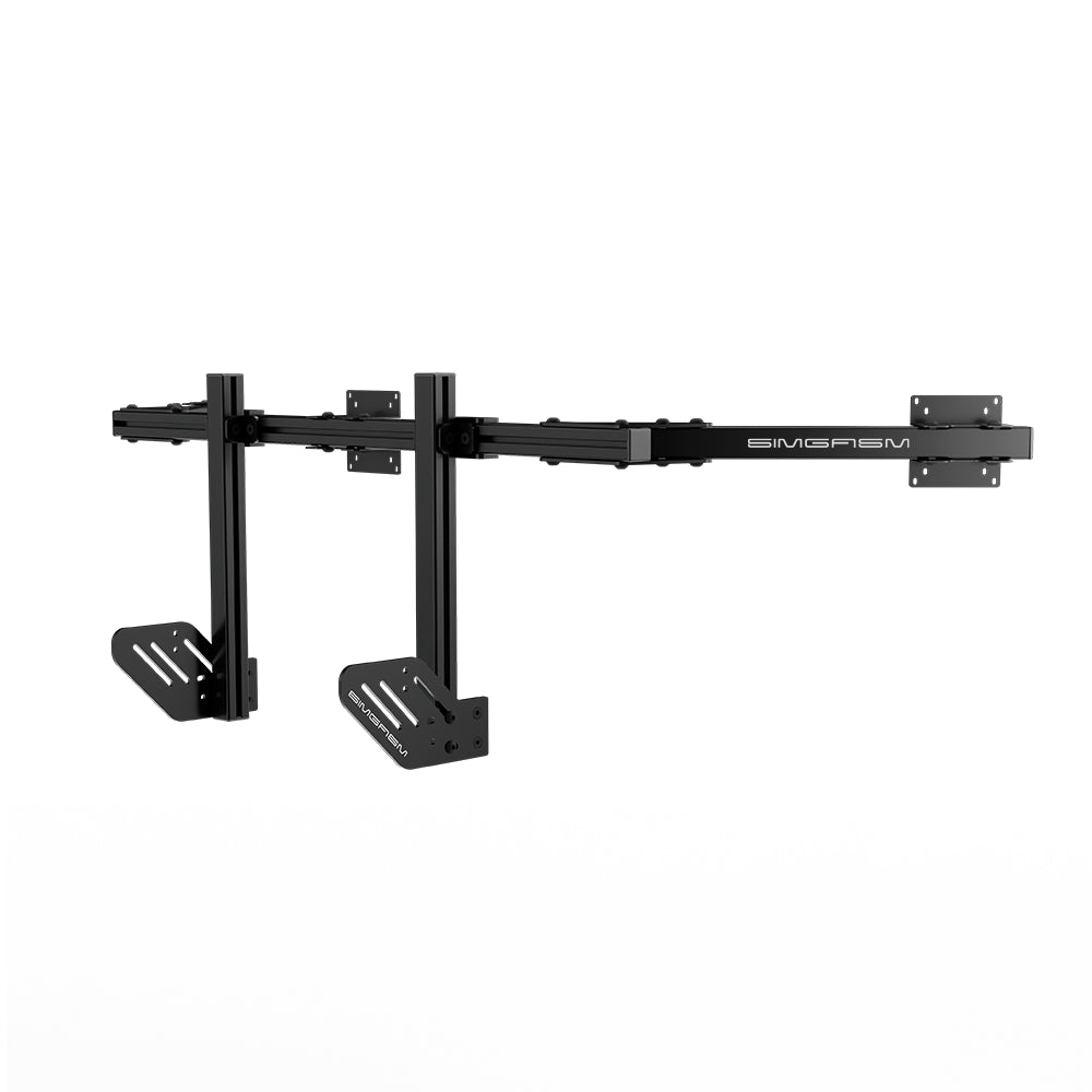 Rear three-quarter view of the black SIMGASM Core integrated triple monitor stand with VESA mounts