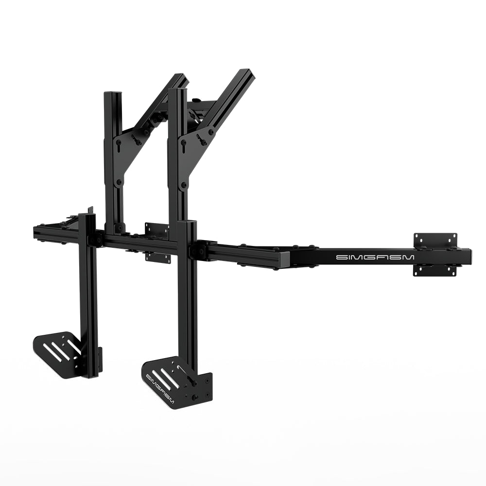 Rear three-quarter view of the black SIMGASM Core integrated quad monitor stand with VESA mounts