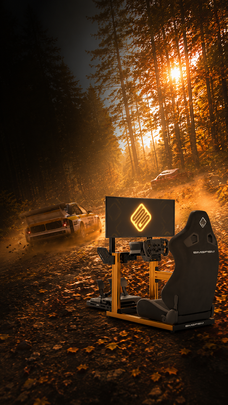 simgasm Simulator chair with a screen displaying a simgasm logoin a forest setting with cars driving by.