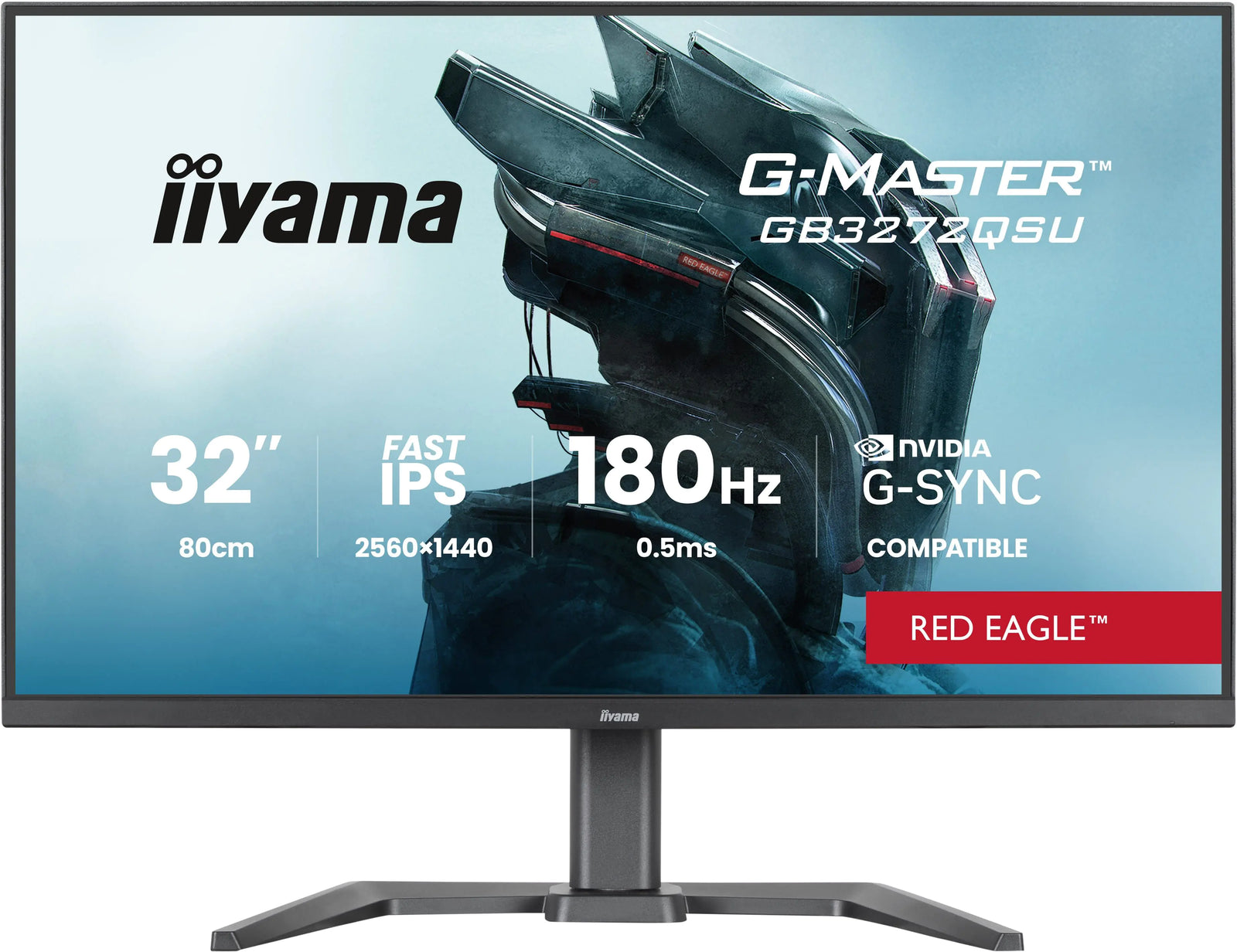 Front view of the IIYAMA G-MASTER GB3272QSU-B1 32-inch gaming monitor on its adjustable stand