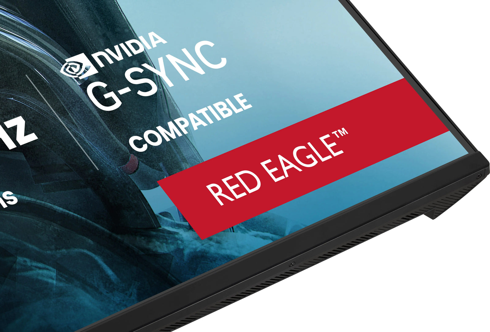 Close-up of the IIYAMA GB3272QSU-B1 screen corner with G-SYNC Compatible and Red Eagle branding
