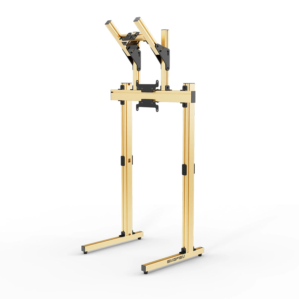 SIMGASM Apex Free Standing Double Monitor Stand VESA 75/200 in gold, angled view
