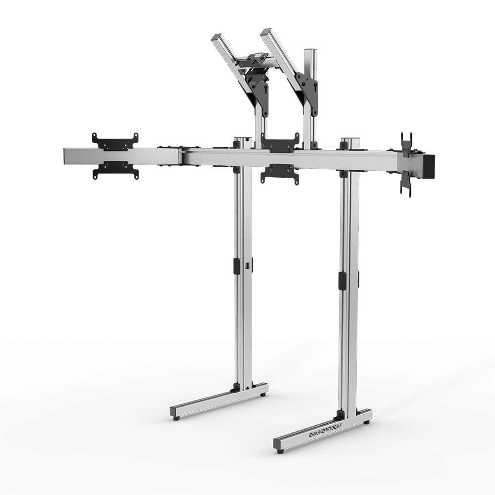 SIMGASM Apex Free Standing Quad Monitor Stand VESA 75/200 in silver, angled view