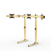 SIMGASM Apex Free Standing Triple Monitor Stand VESA 75/200 in gold, angled view