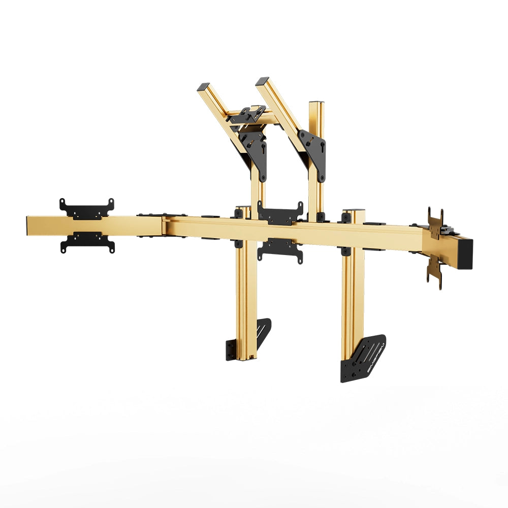 SIMGASM Apex Integrated Quad Monitor Stand VESA 75/200 in gold, angled view