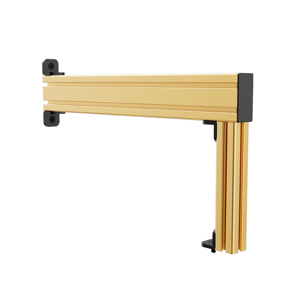 SIMGASM Apex gold shifter and handbrake mounting arm, angled view with mounting brackets