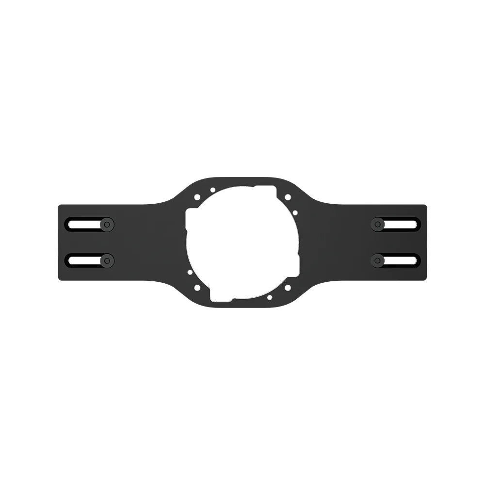 Front view of the black SIMGASM Asetek front wheel mount bracket with slotted side holes