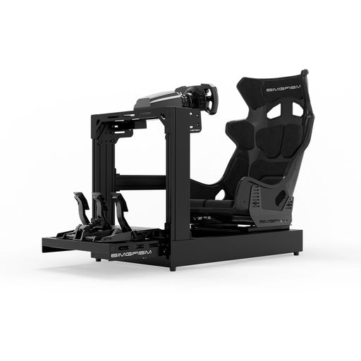 SIMGASM C120 Sport Black aluminum sim racing cockpit with GT seat and MOZA wheelbase, steering wheel and pedals, front three-quarter view