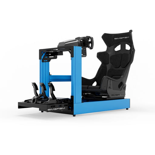 SIMGASM C120 Sport Blue aluminum sim racing cockpit with GT seat and MOZA wheelbase, steering wheel and pedals, front three-quarter view