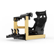 SIMGASM C120 Sport Gold aluminum sim racing cockpit with GT seat and MOZA wheelbase, steering wheel and pedals, front three-quarter view
