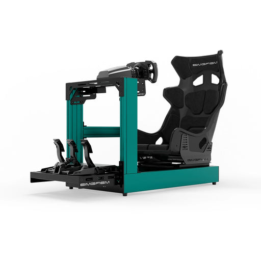 SIMGASM C120 Sport Green aluminum sim racing cockpit with GT seat and MOZA wheelbase, steering wheel and pedals, front three-quarter view