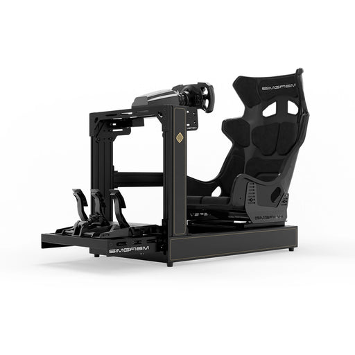 SIMGASM C120 Sport JPS aluminum sim racing cockpit with GT seat and MOZA wheelbase, steering wheel and pedals, front three-quarter view