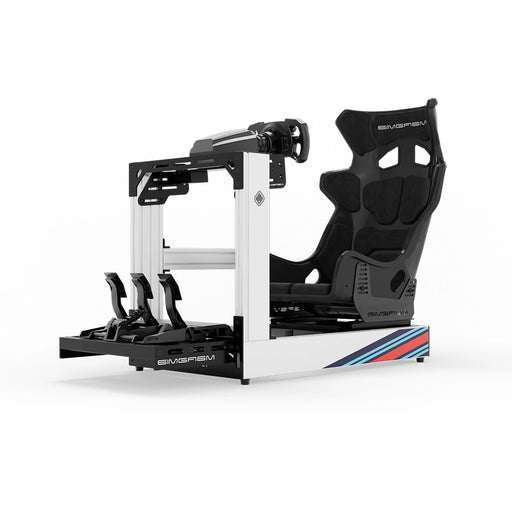 SIMGASM C120 Sport MARINI aluminum sim racing cockpit with GT seat and MOZA wheelbase, steering wheel and pedals, front three-quarter view