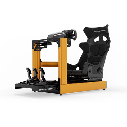 SIMGASM C120 Sport Orange aluminum sim racing cockpit with GT seat and MOZA wheelbase, steering wheel and pedals, front three-quarter view
