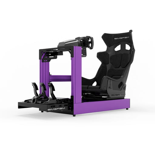 SIMGASM C120 Sport Purple aluminum sim racing cockpit with GT seat and MOZA wheelbase, steering wheel and pedals, front three-quarter view