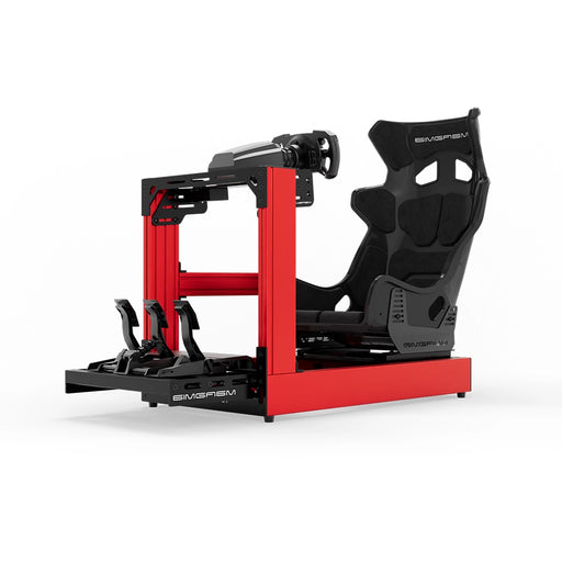 SIMGASM C120 Sport Red aluminum sim racing cockpit with GT seat and MOZA wheelbase, steering wheel and pedals, front three-quarter view