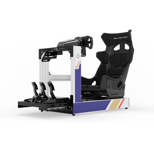 SIMGASM C120 Sport RothBros aluminum sim racing cockpit with GT seat and MOZA wheelbase, steering wheel and pedals, front three-quarter view