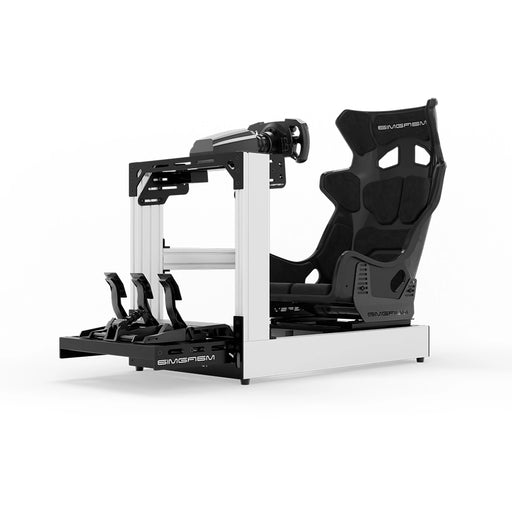 SIMGASM C120 Sport White aluminum sim racing cockpit with GT seat and MOZA wheelbase, steering wheel and pedals, front three-quarter view