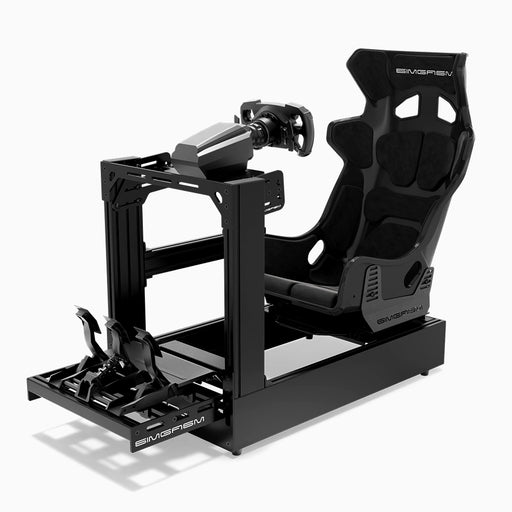SIMGASM C160 Pro Black aluminum sim racing cockpit with GT seat and MOZA wheelbase, steering wheel and pedals, front three-quarter view