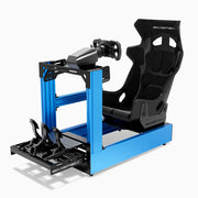 SIMGASM C160 Pro Blue aluminum sim racing cockpit with GT seat and MOZA wheelbase, steering wheel and pedals, front three-quarter view